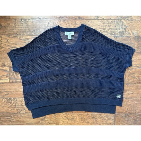 Joan Vass Navy Blue Linen Cotton Oversize Mesh Sheer Boxy Striped Sweater O/S - Picture 3 of 8